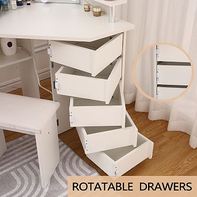 Makeup Vanity Desk, Corner Desk Set with Mirror, Vanity Table with 5 Rotating Drawers for Bedroom