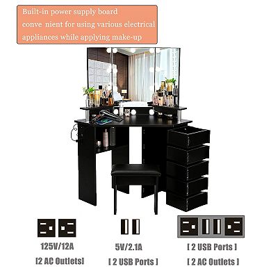 Makeup Vanity Desk, Corner Desk Set with Mirror, Vanity Table with 5 Rotating Drawers for Bedroom