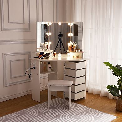 Makeup Vanity Desk, Corner Desk Set with Mirror, Vanity Table with 5 Rotating Drawers for Bedroom