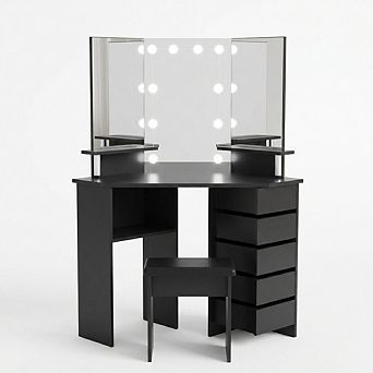Makeup Vanity Desk, Corner Desk Set with Mirror, Vanity Table with 5 Rotating Drawers for Bedroom