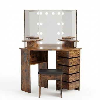 Makeup Vanity Desk, Corner Desk Set with Mirror, Vanity Table with 5 Rotating Drawers for Bedroom