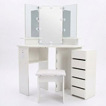 Makeup Vanity Desk, Corner Desk Set with Mirror, Vanity Table with 5 Rotating Drawers for Bedroom
