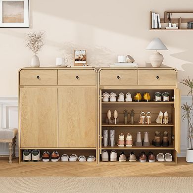Shoe Storage Cabinet, Adjustable Shelves, Bottom Shelf, Freestanding Wooden Organizer for Entryway