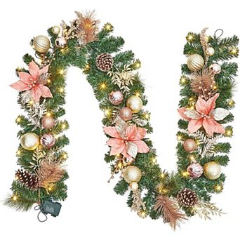 9FT Prelit Christmas Garland for Mantle Decor, Battery Operated with Warm White LED Lights,