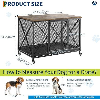 48'' Dog Crate Furniture with Wheels - Flip Top,Removable Tray