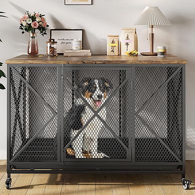 48'' Dog Crate Furniture with Wheels - Flip Top,Removable Tray