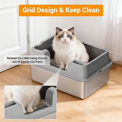 Enclosed Stainless Steel Cat Litter Box with Lid, High-Sided for Big Cats, Include Scoop, Easy Clean