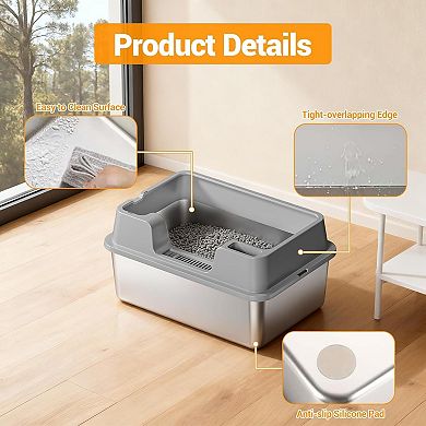 Enclosed Stainless Steel Cat Litter Box with Lid, High-Sided for Big Cats, Include Scoop, Easy Clean