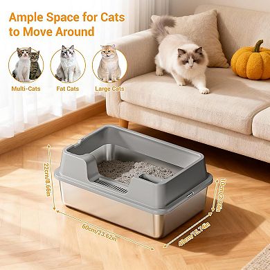 Enclosed Stainless Steel Cat Litter Box with Lid, High-Sided for Big Cats, Include Scoop, Easy Clean