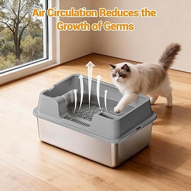 Enclosed Stainless Steel Cat Litter Box with Lid, High-Sided for Big Cats, Include Scoop, Easy Clean