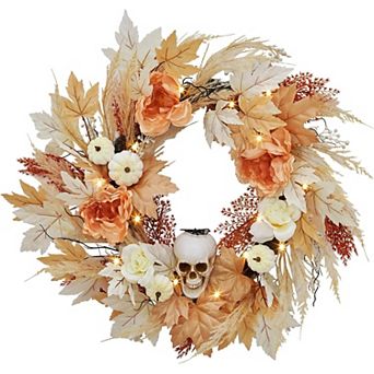 22 in Halloween Skull Wreaths for Front Door, Fall Maple Leaves Wreath