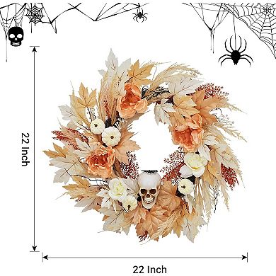 22 in Halloween Skull Wreaths for Front Door, Fall Maple Leaves Wreath