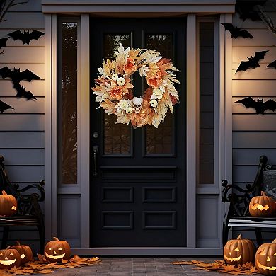 22 in Halloween Skull Wreaths for Front Door, Fall Maple Leaves Wreath