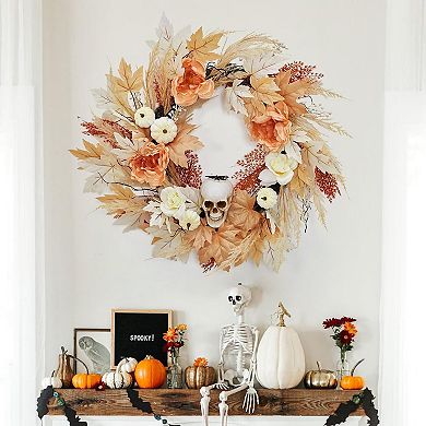 22 in Halloween Skull Wreaths for Front Door, Fall Maple Leaves Wreath