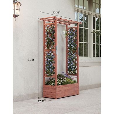 Raised Wood Garden Bed with Trellis & Hanging Roof, 43.3x17.3in Elevated Planter Box with Drainage
