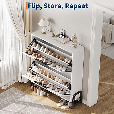 Hidden Shoe Storage Organizer with Top Decor Shelf, Modern Shoe Cabinet with 2 Flip Drawers