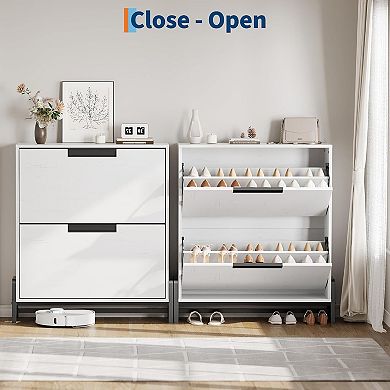 Hidden Shoe Storage Organizer with Top Decor Shelf, Modern Shoe Cabinet with 2 Flip Drawers