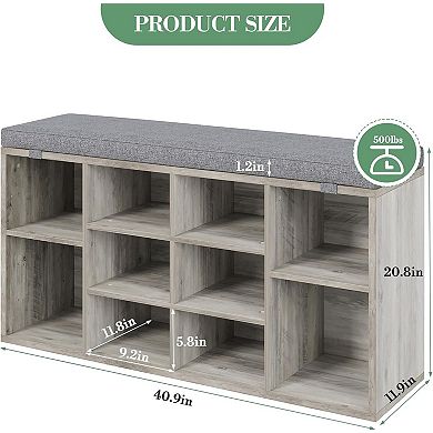 Shoe Bench with Cushion and 10 Cubby Organizers with Adjustable Shelves