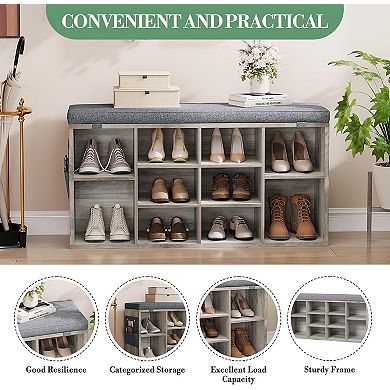 Shoe Bench with Cushion and 10 Cubby Organizers with Adjustable Shelves