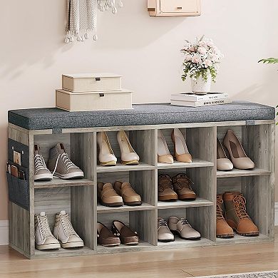 Shoe Bench with Cushion and 10 Cubby Organizers with Adjustable Shelves