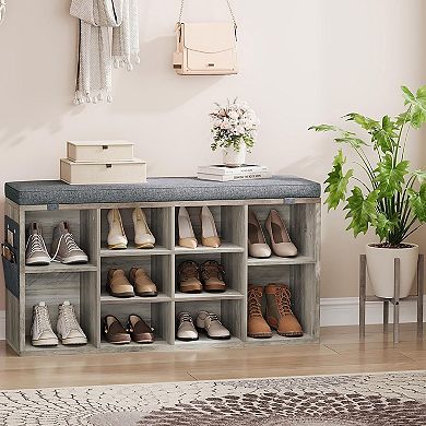 Shoe Bench with Cushion and 10 Cubby Organizers with Adjustable Shelves