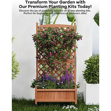 Wooden Raised Garden Bed 61" with Trellis, Wheels, Drainage for Herbs & Flowers, 1 Pack