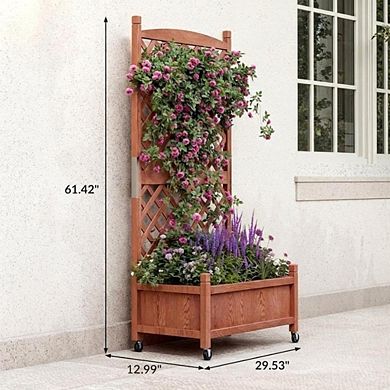 Wooden Raised Garden Bed 61" with Trellis, Wheels, Drainage for Herbs & Flowers, 1 Pack