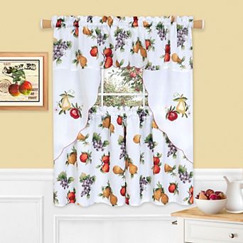 Kate Aurora Embroidered Fruit Medley 3 pc Cafe Rod Pocket Kitchen Curtain And Valance Set