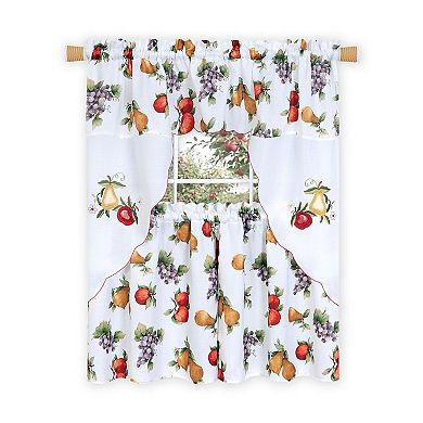 Kate Aurora Embroidered Fruit Medley 3 Piece Cafe Rod Pocket Kitchen Curtain And Valance Set