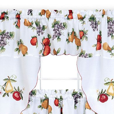 Kate Aurora Embroidered Fruit Medley 3 Piece Cafe Rod Pocket Kitchen Curtain And Valance Set