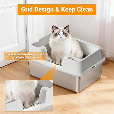 Stainless Steel Cat Litter Box, High-Sided Open Pan with Detachable Wall for Multiple Cats, White