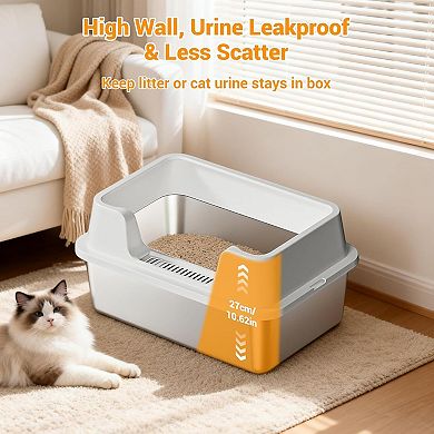 Stainless Steel Cat Litter Box, High-Sided Open Pan with Detachable Wall for Multiple Cats, White