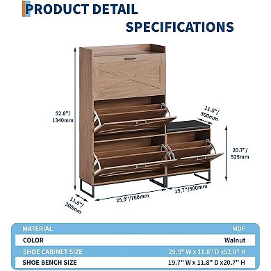 4 Flip Drawers Farmhouse Shoe Cabinet with Bench, Freestanding Shoe Organizer