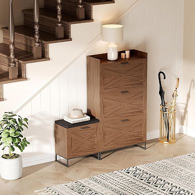 4 Flip Drawers Farmhouse Shoe Cabinet with Bench, Freestanding Shoe Organizer