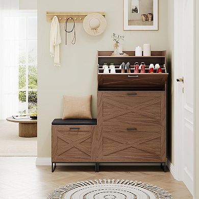4 Flip Drawers Farmhouse Shoe Cabinet with Bench, Freestanding Shoe Organizer