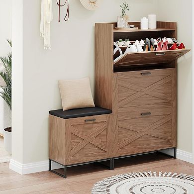 4 Flip Drawers Farmhouse Shoe Cabinet with Bench, Freestanding Shoe Organizer