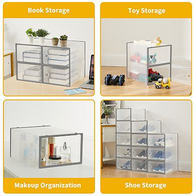 Transparent Foldable Shoe Boxes with Lids, Stackable Plastic Shoe Storage Organizers for Closet