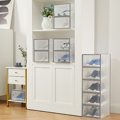 Transparent Foldable Shoe Boxes with Lids, Stackable Plastic Shoe Storage Organizers for Closet