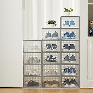 Transparent Foldable Shoe Boxes with Lids, Stackable Plastic Shoe Storage Organizers for Closet