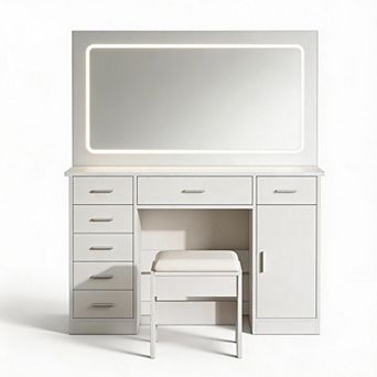 White LED Vanity with Mirror, 7 Drawers, Hairdryer Holder & 3 Light Modes