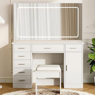 White LED Vanity with Mirror, 7 Drawers, Hairdryer Holder & 3 Light Modes