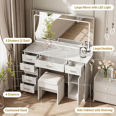 White LED Vanity with Mirror, 7 Drawers, Hairdryer Holder & 3 Light Modes