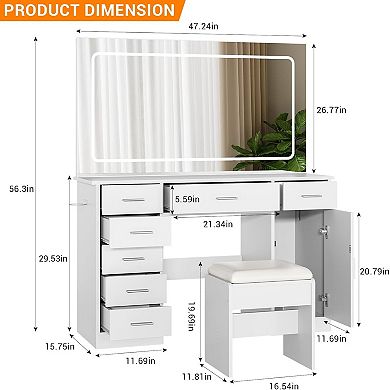 White LED Vanity with Mirror, 7 Drawers, Hairdryer Holder & 3 Light Modes