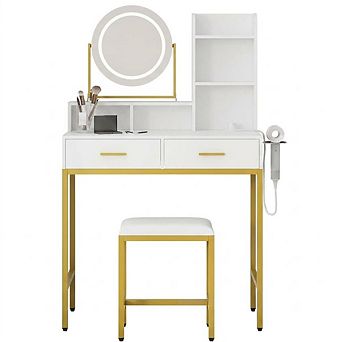 Gold Makeup Vanity with Rotating LED Mirror, Power, 2 Drawers, Shelves & Stool