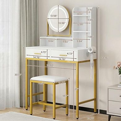 Gold Makeup Vanity with Rotating LED Mirror, Power, 2 Drawers, Shelves & Stool