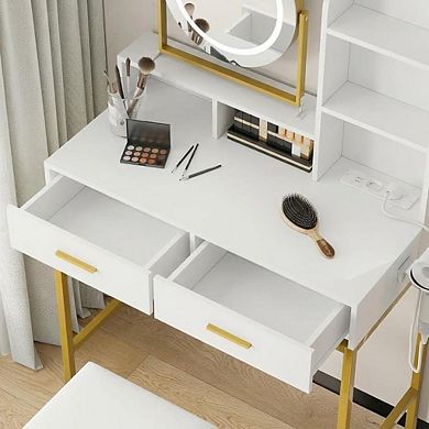 Gold Makeup Vanity with Rotating LED Mirror, Power, 2 Drawers, Shelves & Stool