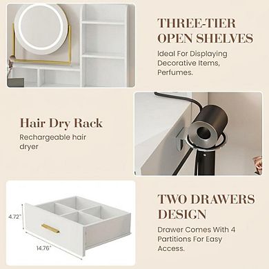 Gold Makeup Vanity with Rotating LED Mirror, Power, 2 Drawers, Shelves & Stool
