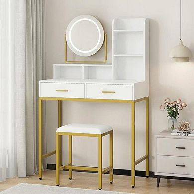 Gold Makeup Vanity with Rotating LED Mirror, Power, 2 Drawers, Shelves & Stool