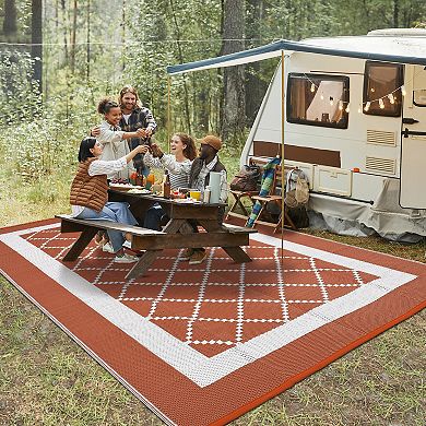 Waterproof Reversible Outdoor Patio Rug Modern Geometric Plastic Mat, UV Resistant