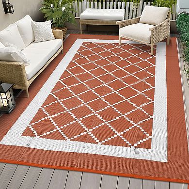 Waterproof Reversible Outdoor Patio Rug Modern Geometric Plastic Mat, UV Resistant